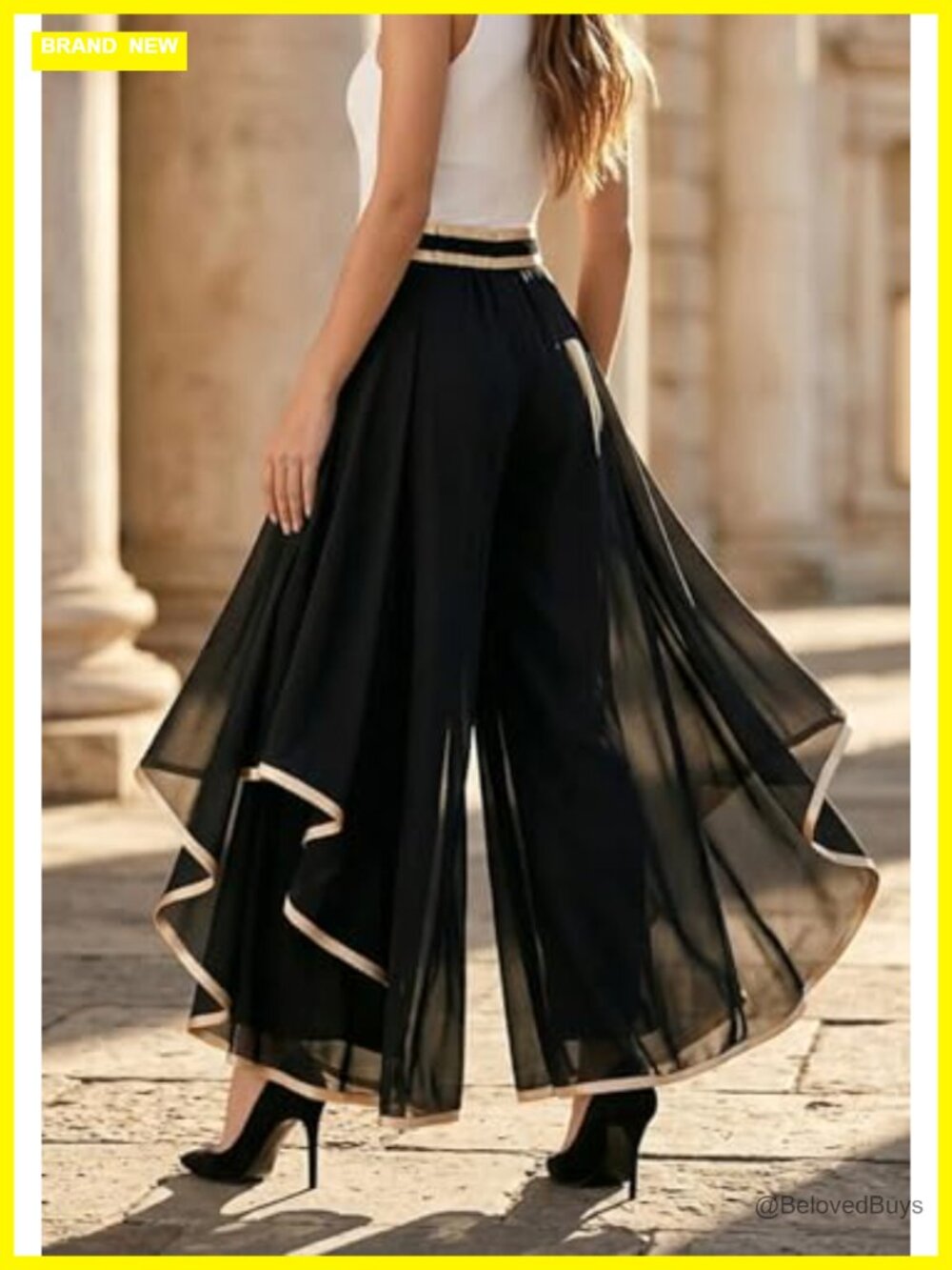 Chiffon Flowy Wide Leg Dress Pants Gold Trim High Waisted Business Trousers - Picture 5 of 6